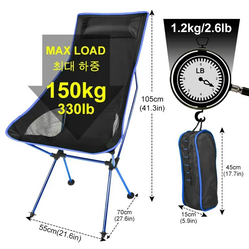 Silla de carga para el aire libre, asiento plegable tipo luna con carga máxima de 150 kg, ultraligero, adecuado para viaje, acampar y jardín