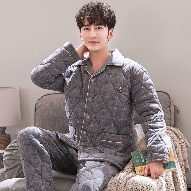 Inverno de malha de algodão acolchoado pijamas masculinos lapela algodão acolchoado jaqueta roupas para casa quente e frio resistente pijamas masculinos algodão