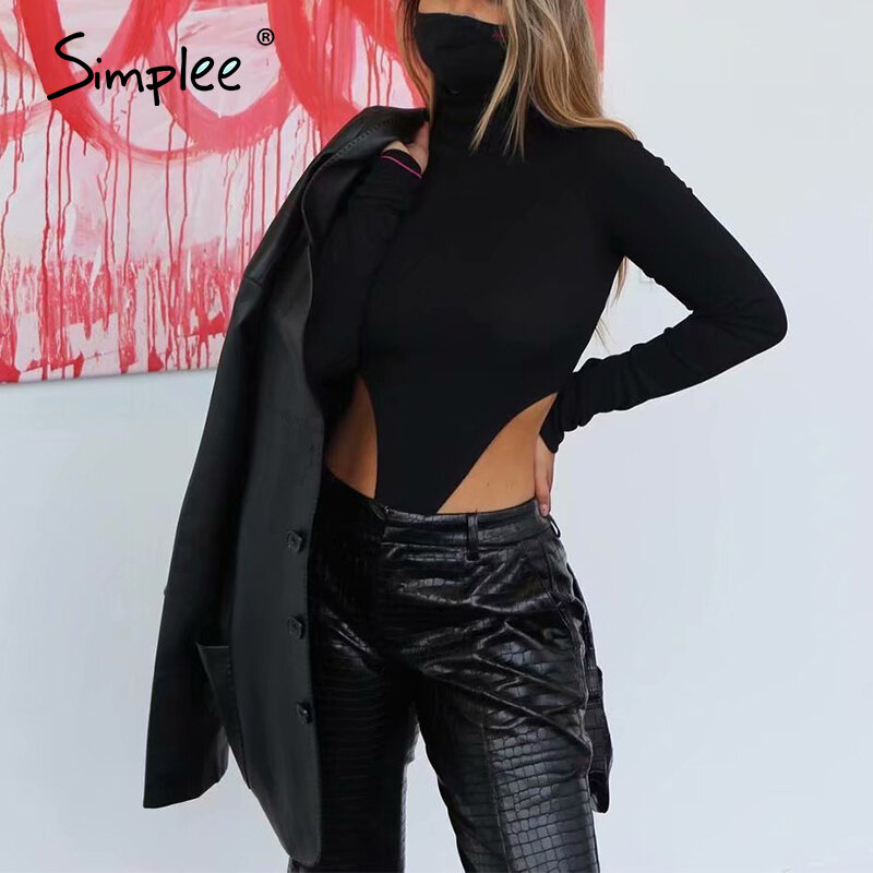 Simplee Sexy slim knit bodysuits Long sleeve casual high collar Jumpsuit Autumn winter black triangle new style Jumpsuit 2020