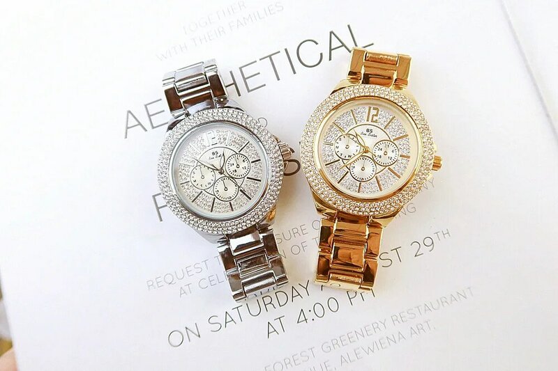 Bs novo diamante completo feminino relógio de cristal senhoras pulseira relógios de pulso relógio relojes quartzo senhoras relógios para mulher 115735