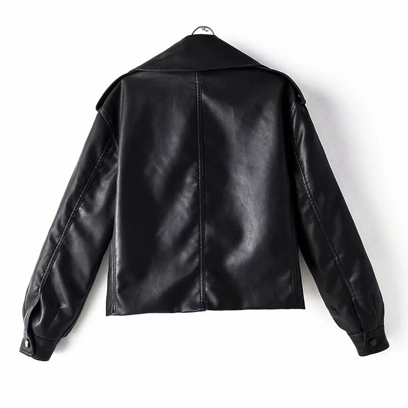Куртка женская из искусственной кожи, мотоциклетная Байкерская мягкая в стиле панк, свободная верхняя одежда с отложным воротником, черная ...