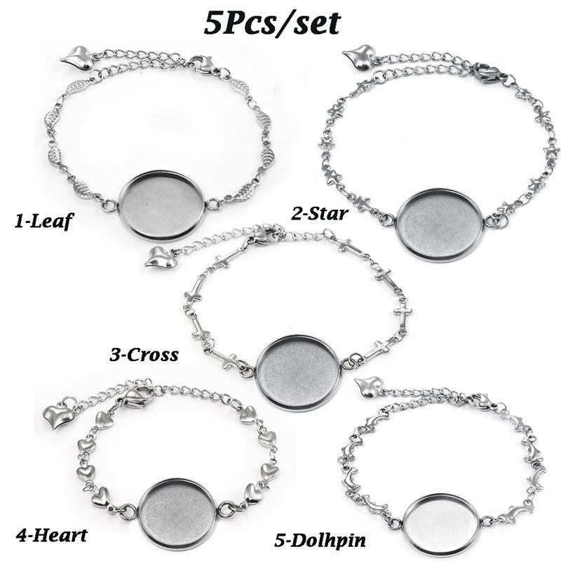 5pcs Stainless Steel Bracelet Base Settings Round Cabochons 20mm Cameo Bracelets Bezel Trays Blanks for Jewelry DIY Finding