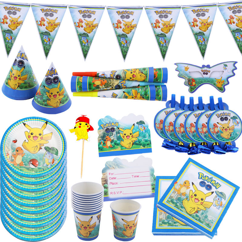 TAKARA TOMY-Juego de vajilla desechable para fiesta de niños, suministros de fiesta de cumpleaños con dibujos animados de Pokemon, Pikachu, vasos de papel