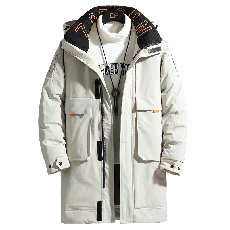 2021 zimowe ocieplane kurtki gruba powłoka męska z kapturem ciepłe średniej długości Parka biała kaczka dół moda mężczyźni zimowe ocieplane kurtki