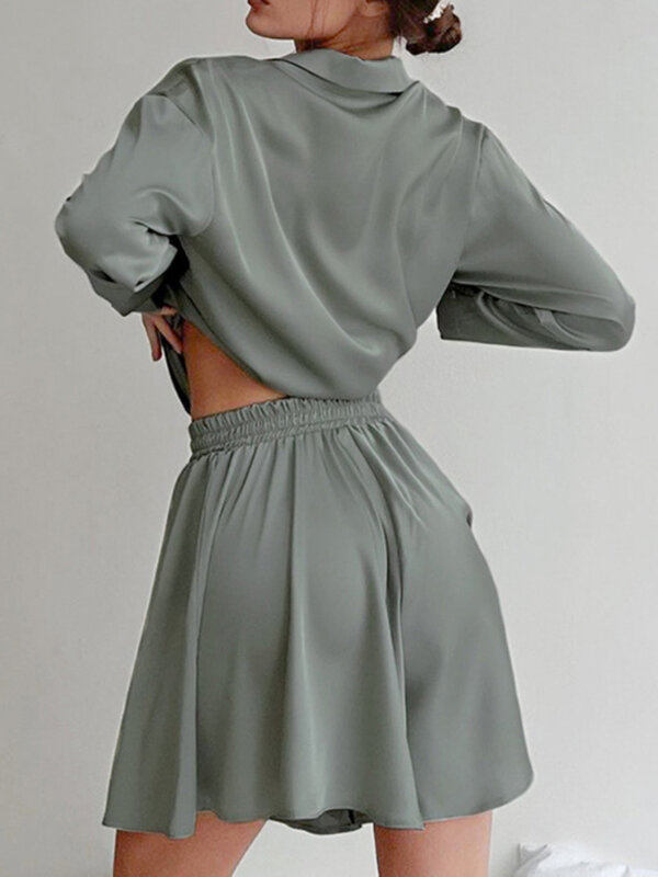 Setelan Piyama Pakaian Rumah Satin Musim Semi Musim Panas Wanita Kemeja Lengan Panjang + Celana Pendek Dua Potong Setelan Pakaian Kasual Fashion Wanita