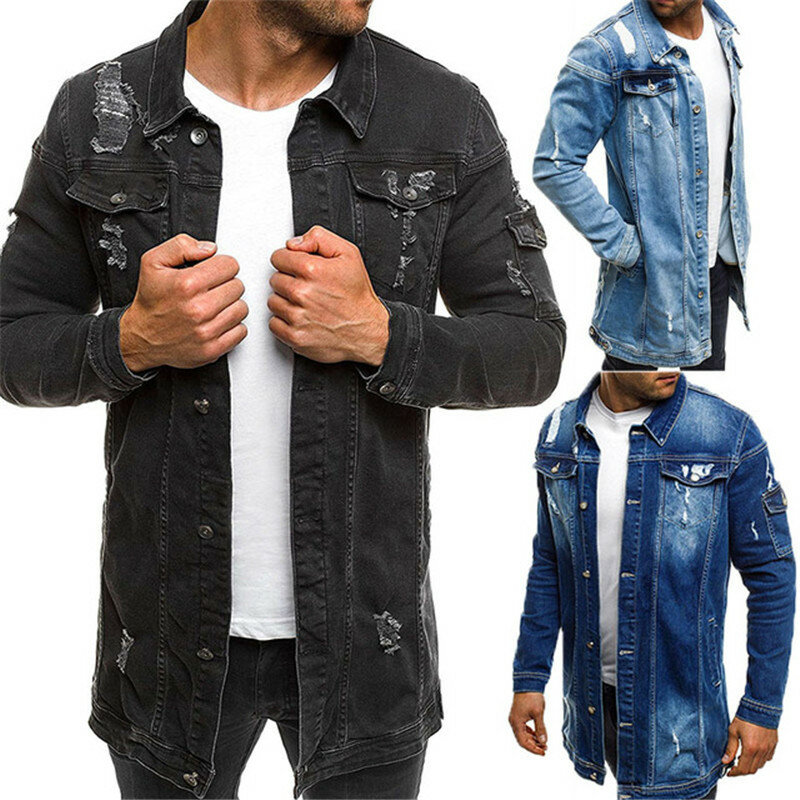 Мужская эластичная джинсовая куртка, синяя джинсовая куртка с дырками, весна-осень 2021
