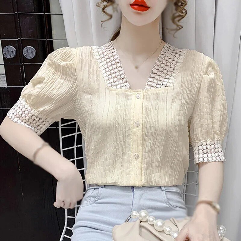 EFINNY Women Blouses V-neck Blouses Femme Spring Autumn Tops Half Puff Sleeve with Lace casual Tops Plus Size Women Clothing