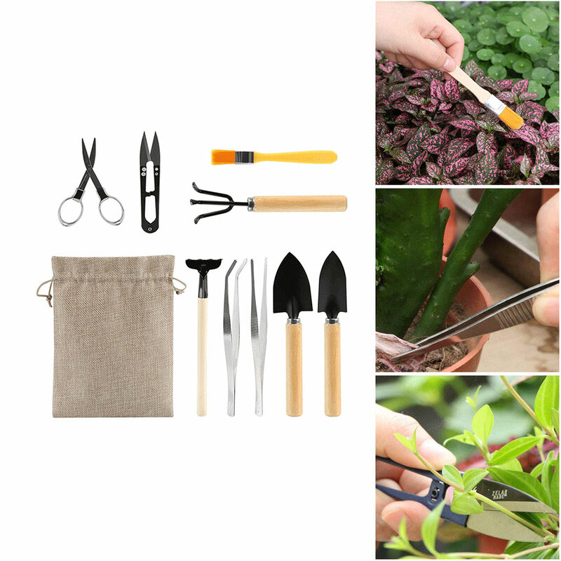 10 Buah/Set Kit Alat Transplantasi Mini Tanaman Set Perawatan Bonsai Penanaman Kaktus Alat Tangan Mini Kebun untuk Aksesori Berkebun