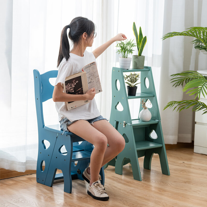 Folding Ladders Chair High Stools Kitchen Home Multifunctional Telescopic Ladder Solid Wood Dining Chair Household Furniture