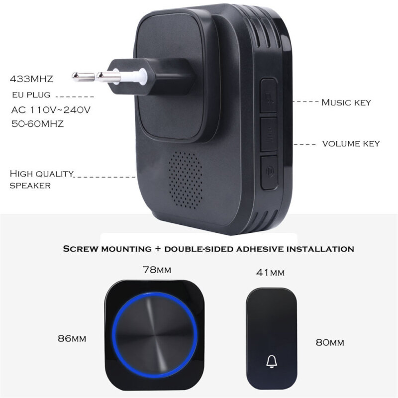 Cordless Door Bell 1 2 button 1 2 Receiver SMATRUL self powered Waterproof Wireless DoorBell night light no battery EU plug home