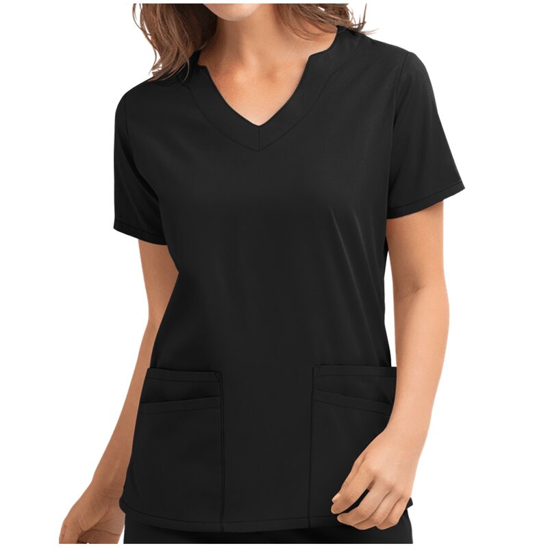 Blusa de manga corta con cuello en V para Mujer, camisa para trabajadores del cuidado de bolsillo, accesorios de enfermería, Uniformes clínicos para Mujer