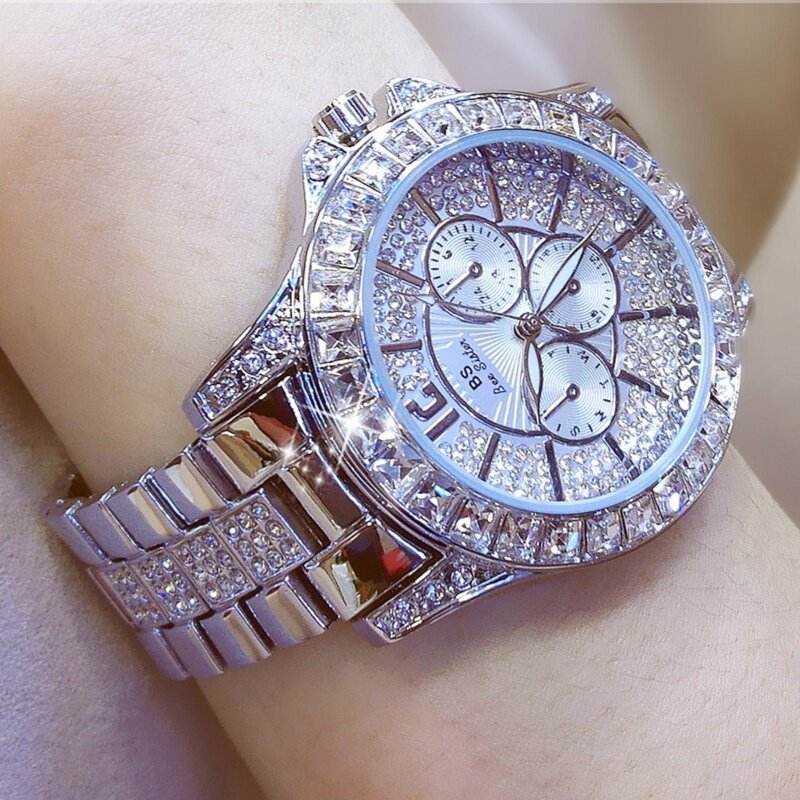 BS-relojes de lujo para mujer, pulsera completa con diamantes de imitación, de cuarzo, de acero, reloj de pulsera analógico de cristal dorado