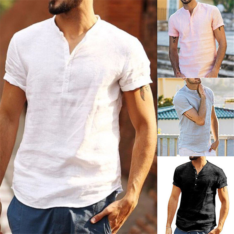 Chemisier décontracté en coton et lin pour hommes, chemise à manches courtes, à boutons, été, livraison directe, 2021