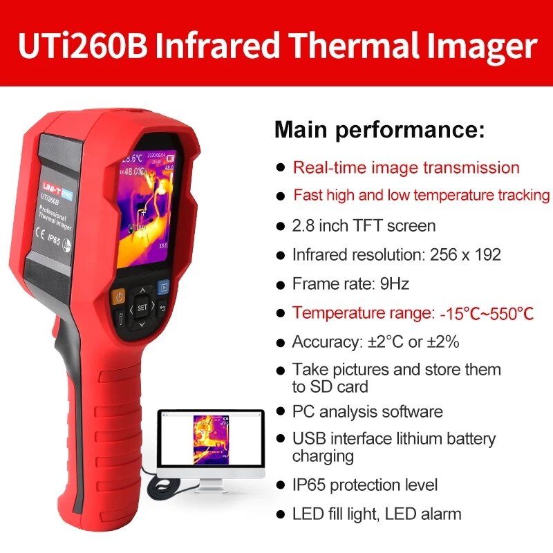 UNI-T-cámara térmica Industrial, termómetro de mano con USB, 256x192 píxeles, HD -15 ~ 550 °C, UTi260B