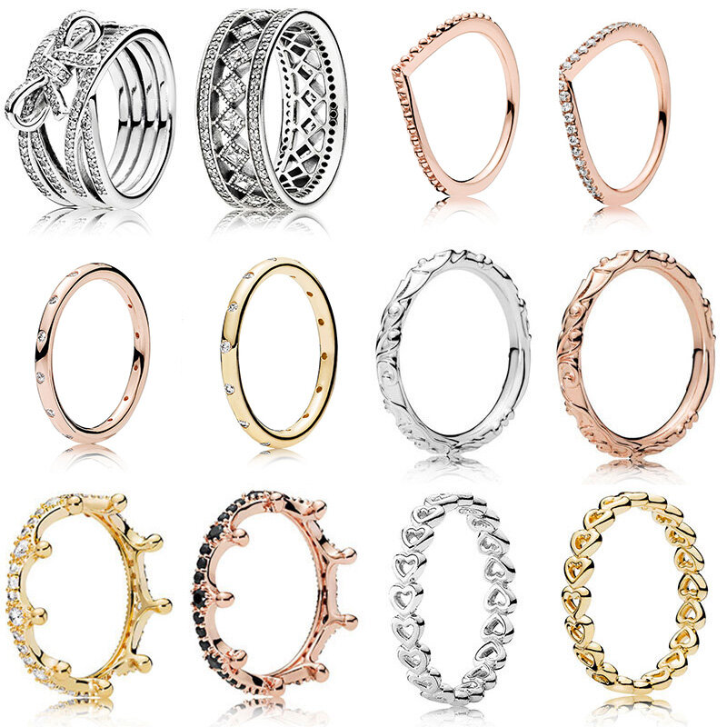 Cincin Warna Perak Klasik dengan Mahkota Daun Busur Kristal Pernikahan & Pesta Cincin Lebar untuk Perhiasan Pesta Wanita