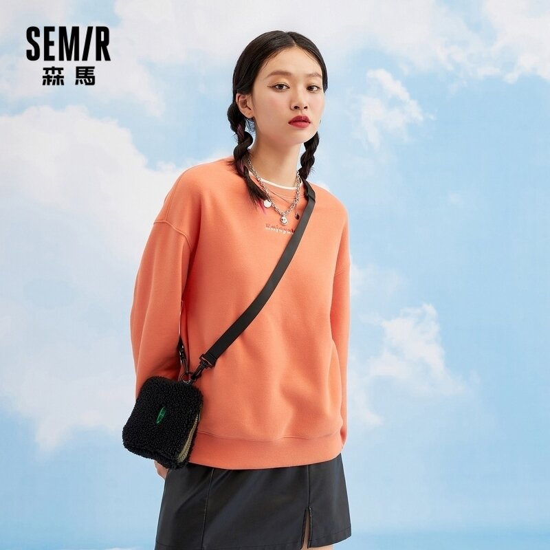 SEMIR Fake Two-Piece Sweatshirt Women Plus Velvet Autumn And Winter Short Trendy Fashion Stacking Top Ladies Candy Hoodies