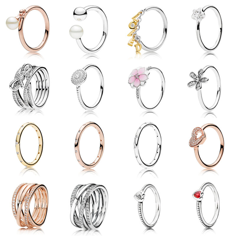 925 srebro 16 stylów nowy kwiat serce kolor perłowy pierścionki dla kobiet Wedding Party biżuteria