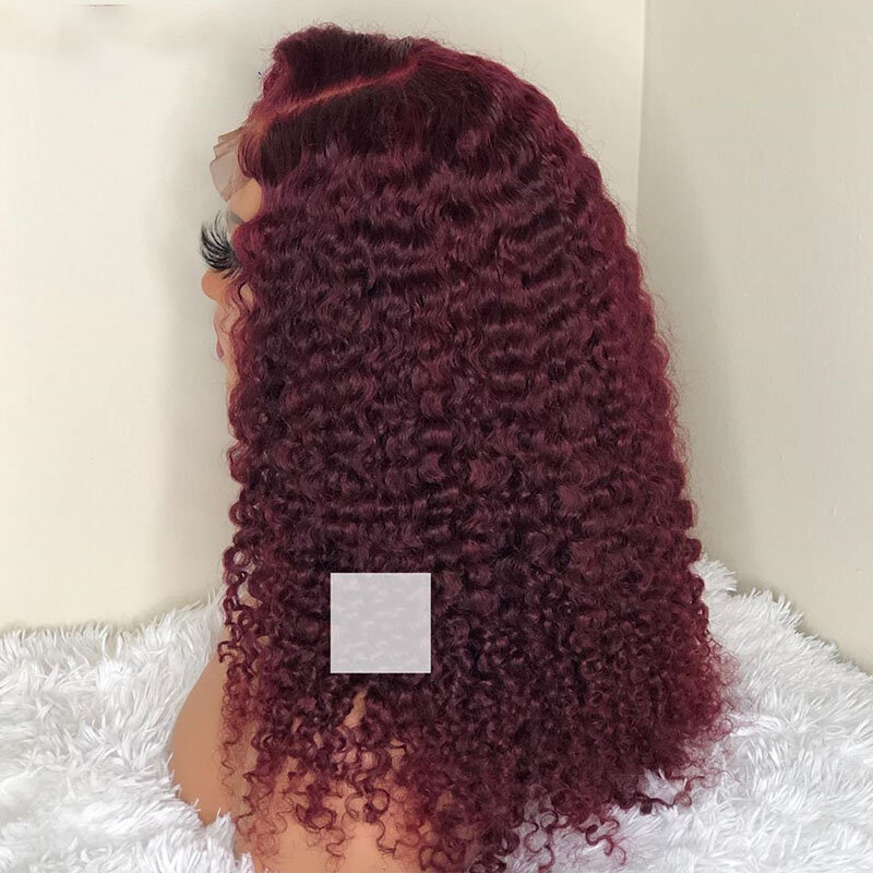 Middle Part Brugundy 180% Density Kinky Curly Lace Front Wig Synthetic For Black Women Preplucked 26 Inch Long Babyhair 99j Soft