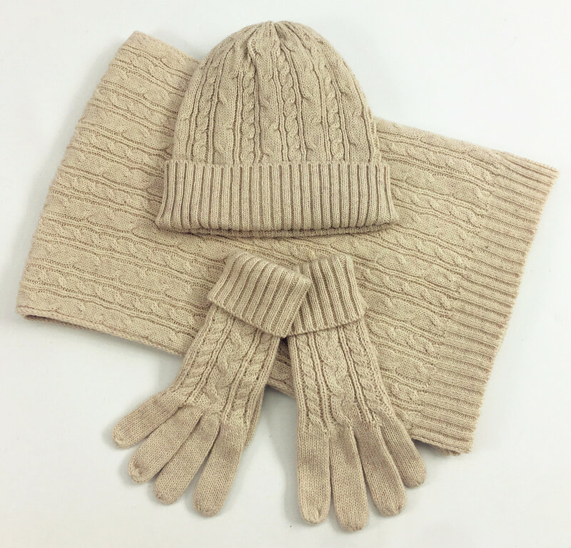 Conjunto de tres piezas de lana de punto para mujer, conjunto de sombrero bufanda guantes, clásico, cálido, para Otoño e Invierno