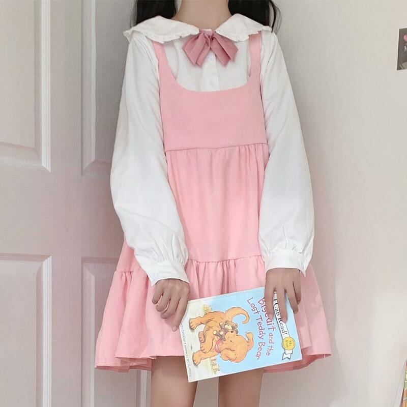 Japonia jesień Lolita Cosplay Loli łuk uszy królika koszula słodka miękka dziewczyna Kawaii ubrania bez rękawów Ruffles sukienka na szelkach