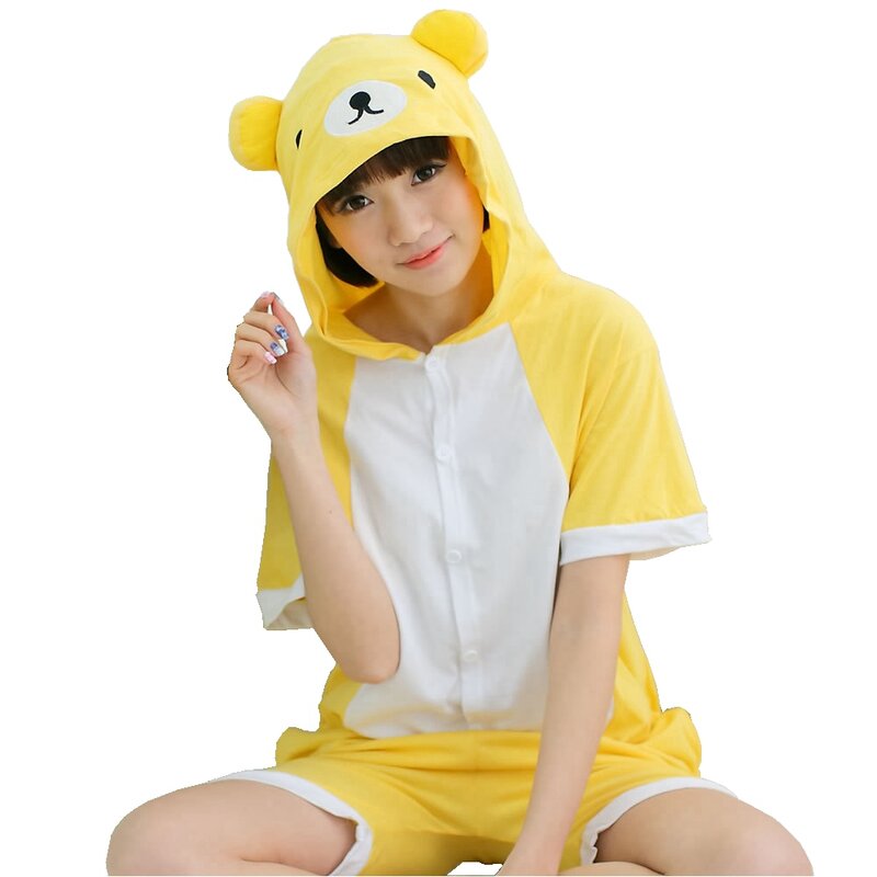 Cotton Cartoon Kigurumi Tiger Panda Dinosaur Pajamas Summer Short Sleeve Hooded Onesie Adult Women Men Animal Cosplay Sleepwear