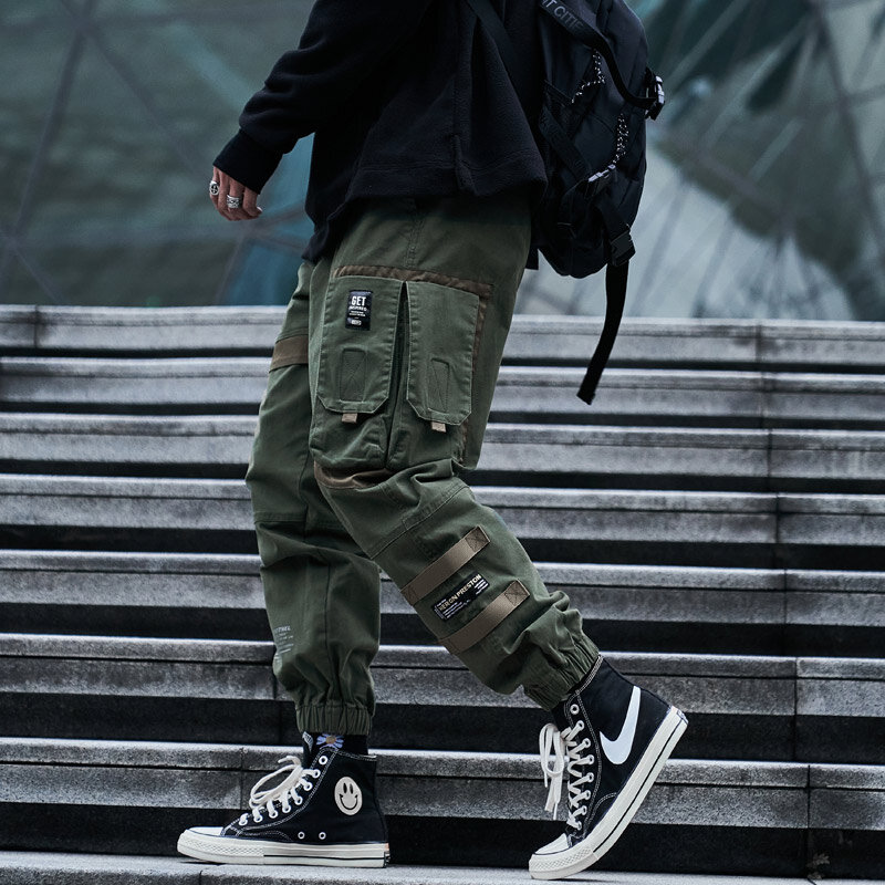 Mens Fashion Casual Cargo Pants Hip Hop Moto Style Pockets Drawstring Loose Fit Streetwear Elastic Foot Mouth Pants Men