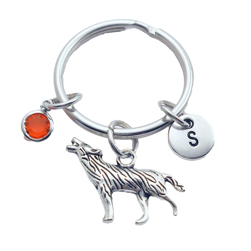 Porte-clés Animal loup, créatif lettre initiale monogramme pierre de naissance, bijoux à la mode, pendentifs cadeaux pour femmes
