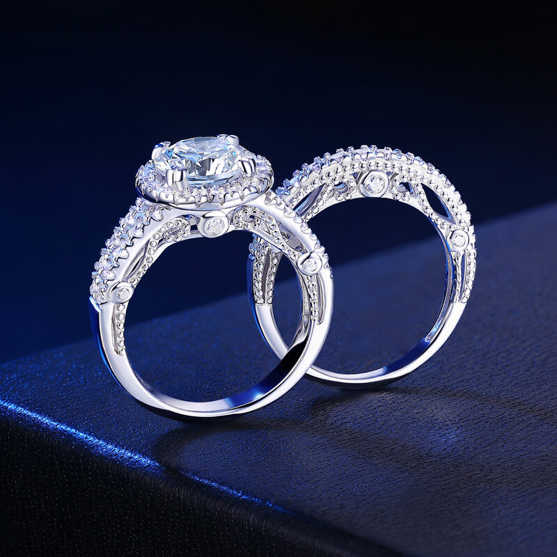 Wuziwen 2 sztuk zestaw pierścieni ślubnych dla kobiet Halo Brilliant Round Cut CZ symulowane diament 925 srebro obrączki