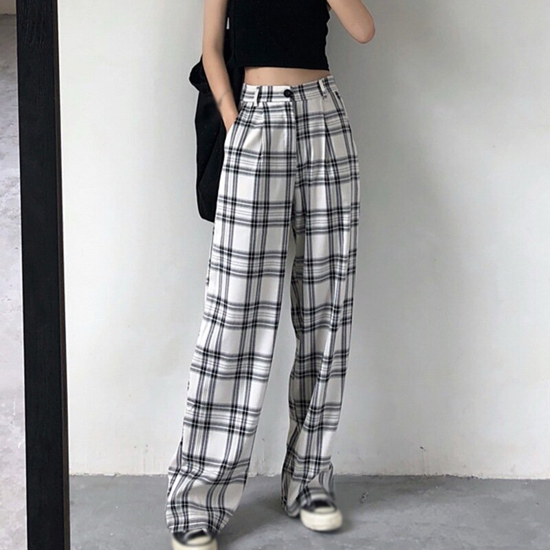 2021 nuovi pantaloni Casual donna Plaid dritto allentato stile coreano studenti Vintage Chic Preppy Streetwear adolescenti moda Ins BF