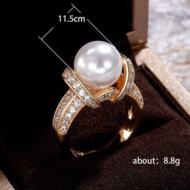 UILZ Gold Color Elegant Imitation Pearl Ring for Women Micro Paved Cubic Zirconia Delicate Finger Rings 2021 New Jewelry