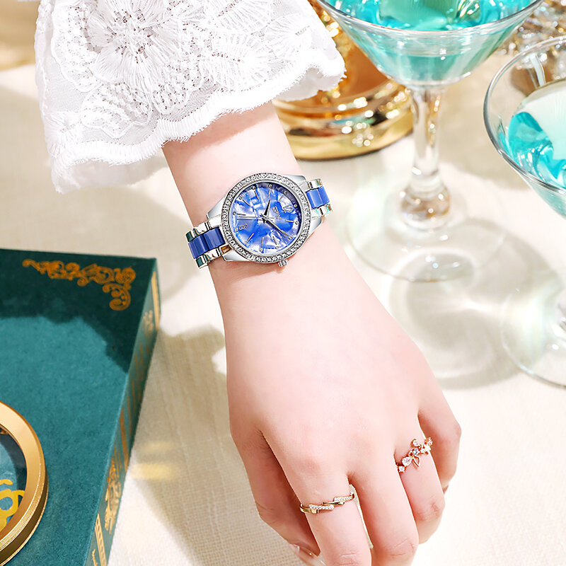 Coração do mar relógio de quartzo feminino moda azul safira pulseira inoxidável strass relógio de pulso presente das senhoras