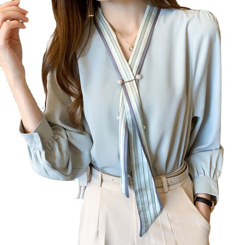 Yg – chemise manches longues en mousseline de soie pour femmes, col en v, couleur unie, nouvelle collection été 2021