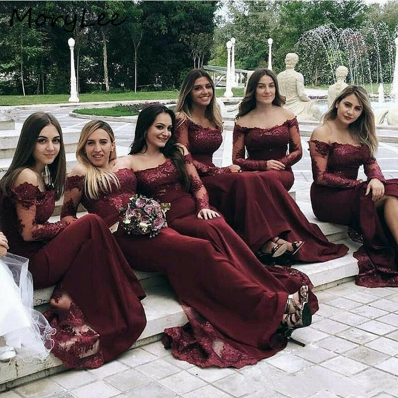 Simple Long Sleeves Bridesmaid Dresses 2021 Floor Length Sweep Train Silk Satin Sequins Lace Wedding Party Bridemaid Dresses