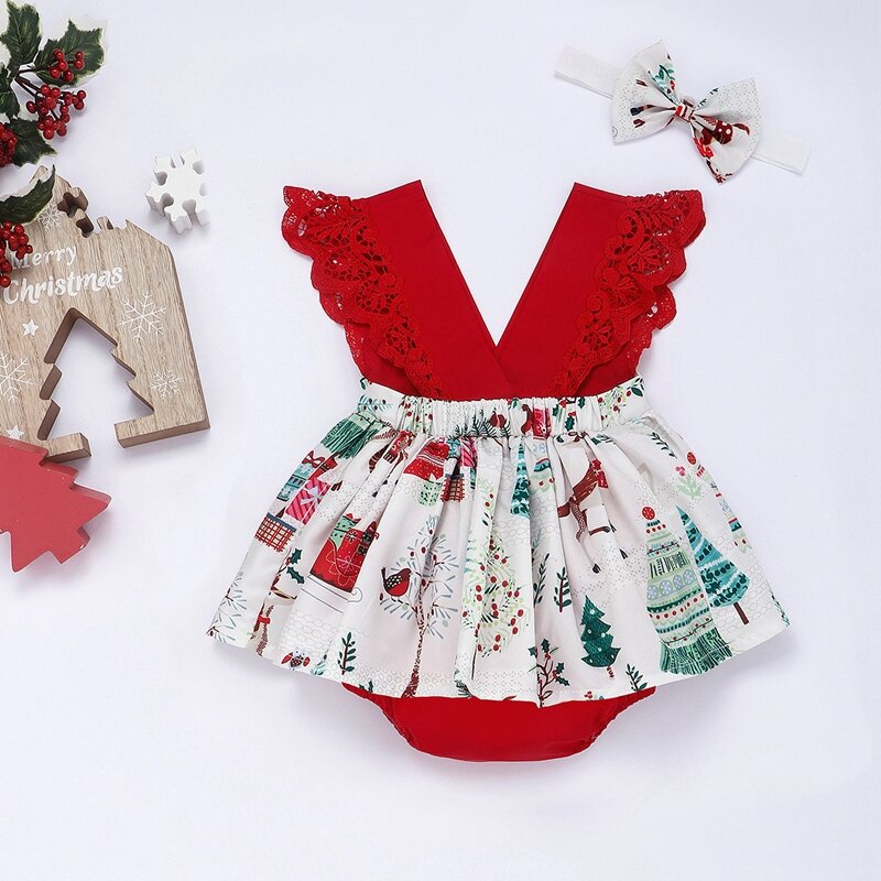 Newborn Baby Girls Christmas Dress pagliaccetto di capodanno Toddler Deer Print Lace Princess Party Dress Costume copricapo pagliaccetti abiti