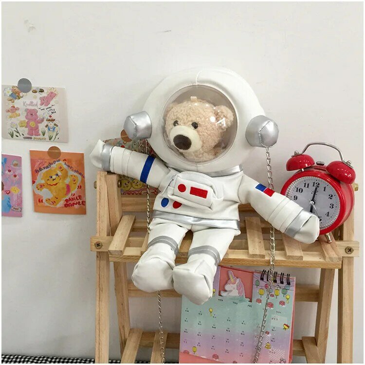 Bolso de oso con diseño de astronauta espacial para mujer, bolsa de hombro desmontable con diseño de dibujos animados, muñeca blanca de PU, de felpa