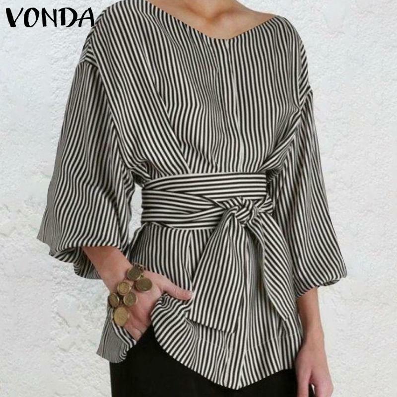 Elegant Striped Shirts Women Peplum Tops VONDA 2022 Spring Blouses Vintage Lantern Sleeve V Neck High Waist Belted Elegant Blusa