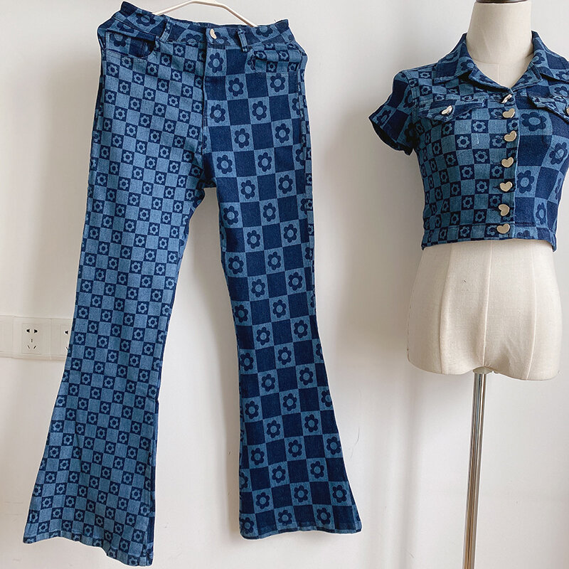 90S Vintage แฟชั่นดอกไม้ Denim T เสื้อผู้หญิง2021 Y2k คู่ Denim ชุดหญิง Harajuku แฟชั่น Denim Tshirt Flare กางเกงยีนส์ชุด