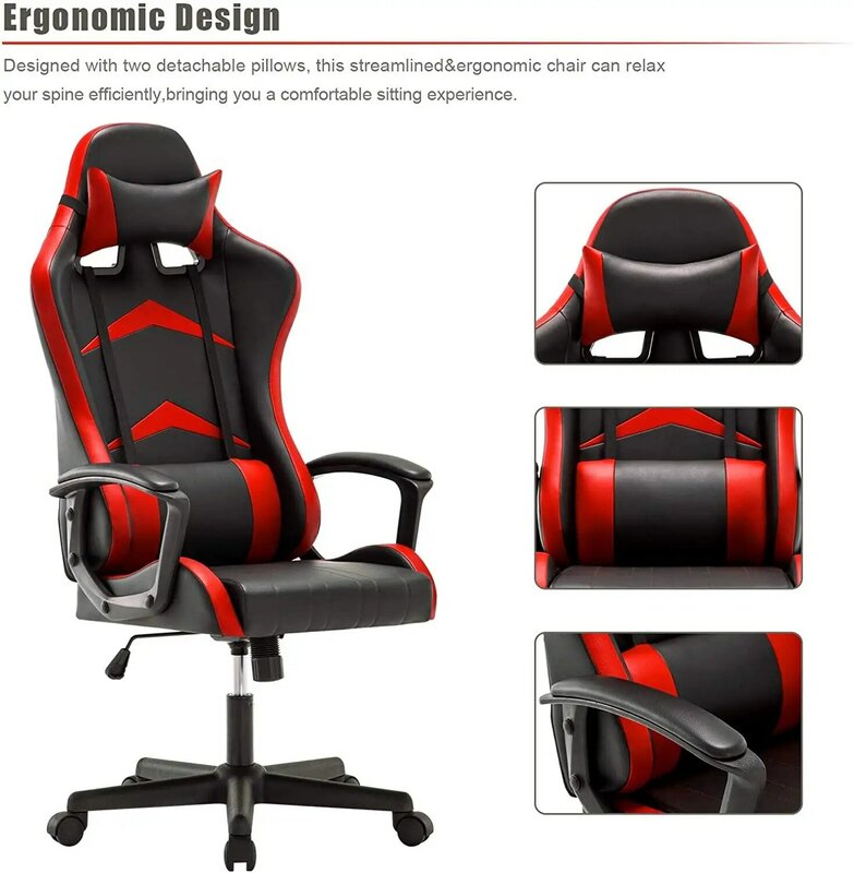Büro Gaming Stuhl, Hohe-zurück Racing Stuhl mit Swivel Funktion, zurück Unterstützung und Verstellbare Kopfstütze & Lenden Kissen