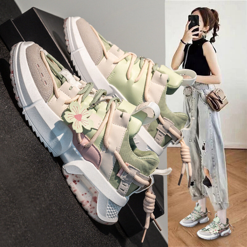 Natascha Women Dad Shoes Student Women Chunky Sneakers Vulcanized Shoes Trend Flower Lacing Patchwork Thick Sole Casual Spring