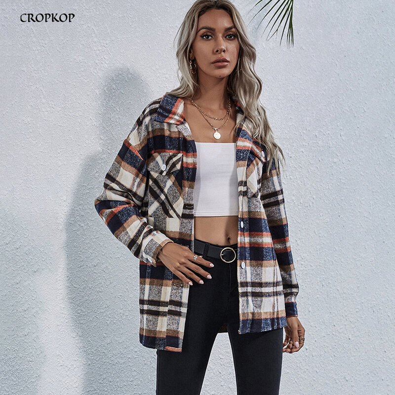 Shirt Women Fashion New Loose Casual Ladies Plaid Checked Button Up Turn-down Collared Tops And Bloues Jacket 2020 Autumn Winter