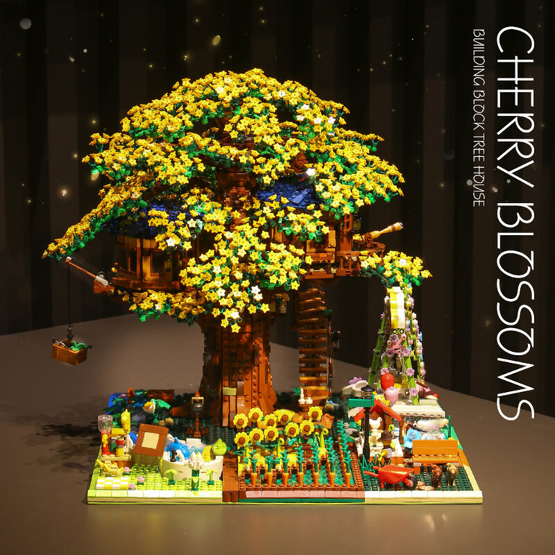 Árvore de cerejeira cidade vista de rua árvore casa moc modelo blocos de construção cidade resort criativo diy tijolos figuras brinquedos para crianças