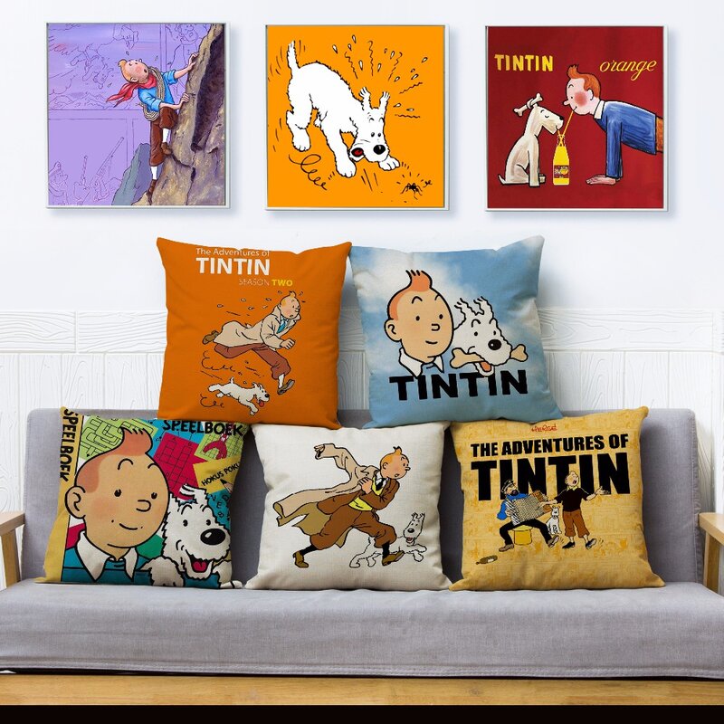 غطاء وسادة مغامرات الهزلي من Tintin طباعة وسادة رمي النسيج غطاء الوسادة كيس وسادة كتاني أريكة ديكور المنزل الوسائد حالات