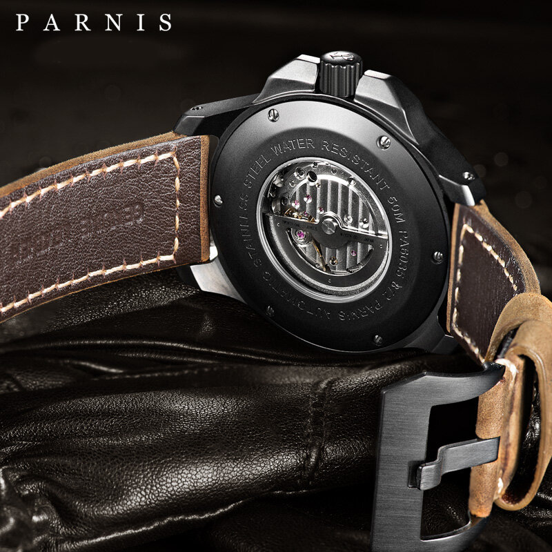 Moda parnis 47mm caso preto relógios mecânicos masculinos vidro safira relógio de pulso automático pulseira couro reloj hombre 2022 presente