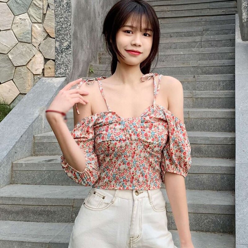 Koreaanse Mode Vrouwen Zoete Bloemenprint Chiffon Blouse Sexy Off Shoulder Korte Mouw Blouses Shirts