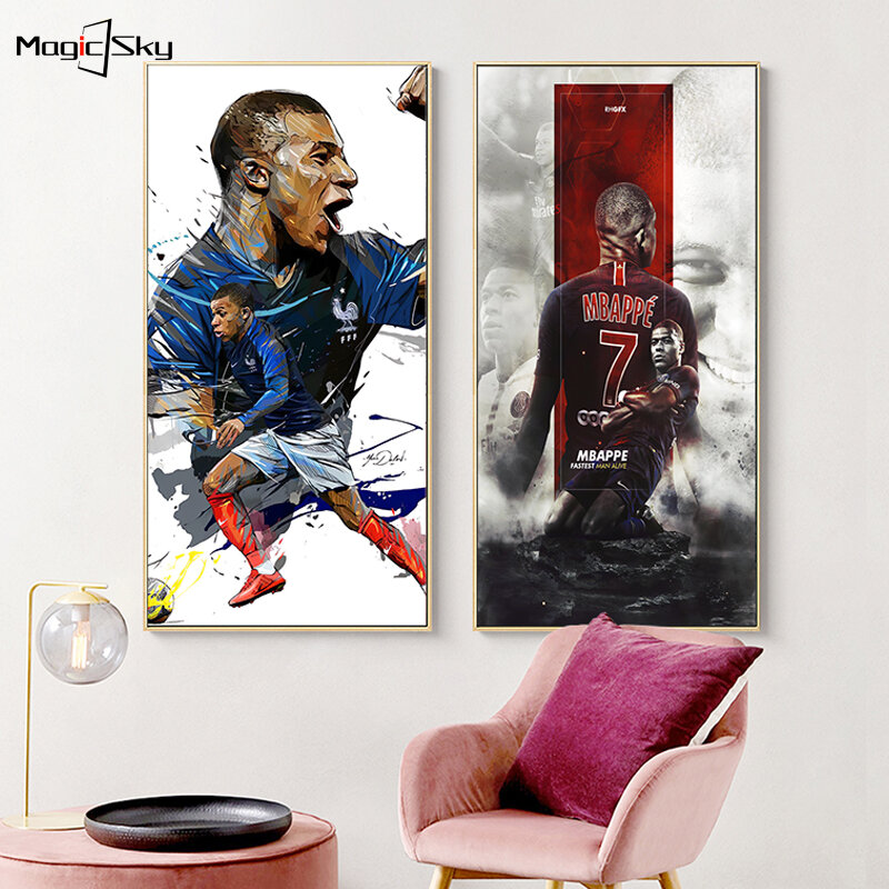 Kylian Mbappe Fooball ฟุตบอลดาวผู้เล่นโปสเตอร์และภาพพิมพ์ภาพวาดผ้าใบ Wall Art Freind ของขวัญห้องรับแขกห้องนอนตก...