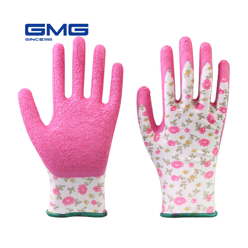여자 정원 장갑 작업 GMG 인쇄 된 핑크 폴리 에스터 핑크 라텍스 작업 정비공 건설에 대 한 비 슬립 안전 장갑