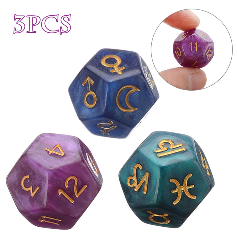 3Pcs 12-Sided Astrology Zodiac Game Dice Resin Tweezers Astrology Tarot Constellation Divination Dice