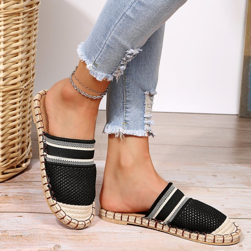 Women's Slippers Hemp Rope Woven Flat Sandals Mesh Breathable Hollow Women's Shoes Outdoor Leisure Beach Shoes Non-slip Slippers