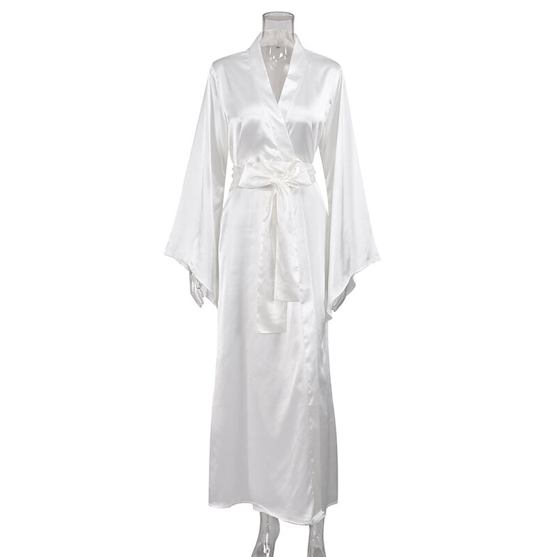 Hiloc tinta unita Sleepwear Robe Lace Up Peignoirs per le donne pigiama Flare Sleeves accappatoi indumenti da notte femminili elegante Loungewear