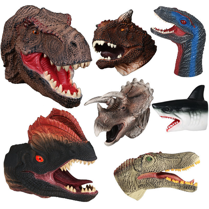 Títere de mano con cabeza de Animal para niños, guantes de goma de Vinilo Suave, modelo de dinosaurio, marionetas de mano, juguetes para niños